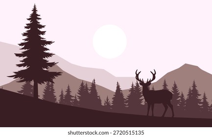 Landscape with trees, mountains and deer on a background.