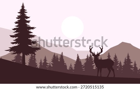 Landscape with trees, mountains and deer on a background.