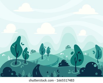 Landscape with trees, mountains, fields, leaves. Countryside landscape. Vector illustration in flat style.