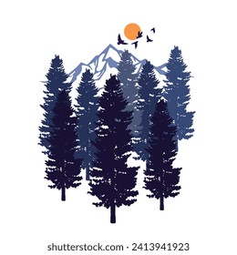 landscape with trees and mountains illustration vector graphic, t shirt designs, print, cards