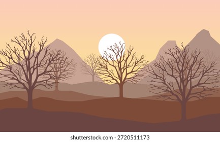 Paisagem com árvores e montanhas sobre um fundo.