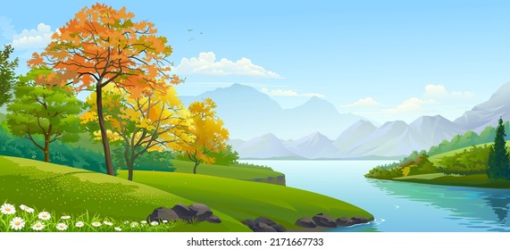 A landscape of trees, mountains and a river. Beautiful white flowers in lunch green grass.