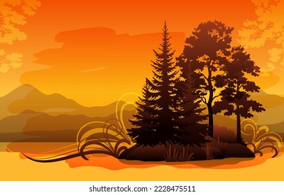 Landscape, Trees and Mountains Silhouettes and Abstract Pattern. Vector