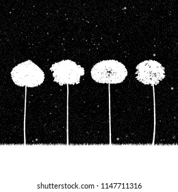 Landscape with trees at night. Vector illustration with isolated silhouettes of maples growing in grass under starry sky. Inverted black and white