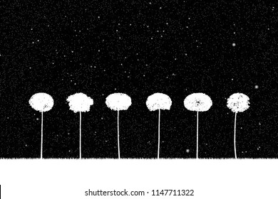 Landscape with trees at night. Vector illustration with isolated silhouettes of maples growing in grass under starry sky. Inverted black and white