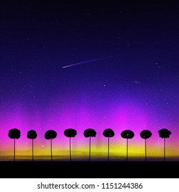 Landscape with trees at night. Vector illustration with isolated silhouettes of maples growing in grass. Northern lights in starry sky. Colorful aurora borealis