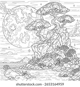 Paisagem com árvores nas rochas e um livro de lua cheia antistress colorida para crianças e adultos. Ilustração isolada no estilo background.Zen-tangle branco. Desenho da mão