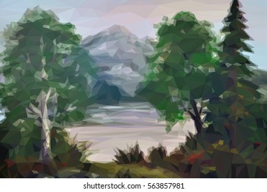 Landscape, Trees on the Shore of a Mountain Lake, Low Poly. Vector
