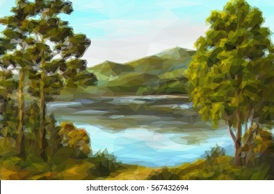 Landscape, Trees on the Shore of a Mountain Lake, Low Poly. Vector