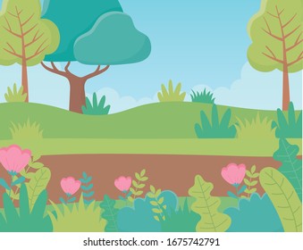 árboles paisajistas camino flores vegetación vegetación imagen vectorial ilustración