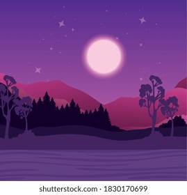 Paisaje de árboles y pinos en diseño nocturno, naturaleza y tema exterior Ilustración vectorial