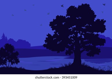 Landscape, Trees, River and Birds