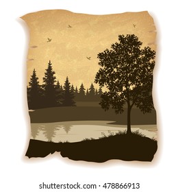 Landscape, Trees, River and Birds Silhouettes on Vintage Background of an Old Sheet of Paper. Eps10, Contains Transparencies. Vector