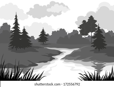 Landscape, trees and river, black and grey silhouette contour on white background. Vector