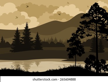 Landscape with Trees, River, Mountains and Birds Silhouettes. Vector