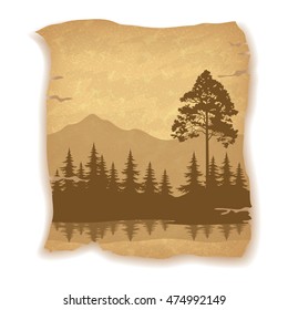 Landscape, Trees, River and Mountains Silhouettes on Vintage Background of an Old Sheet of Paper. Eps10, Contains Transparencies. Vector