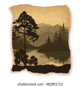 Landscape, Trees, River and Mountains Silhouettes on Vintage Background of an Old Sheet of Paper. Eps10, Contains Transparencies. Vector