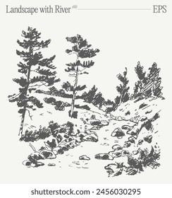 Landscape with trees and river on a slope. Hand drawn vector illustration, sketch.