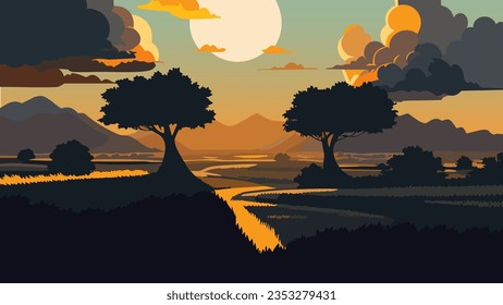 Landscape with trees and a river at sunset with a sky background and clouds in the sky and a sun setting, landscape, vector art, fantasy art. Cartoon anime background.