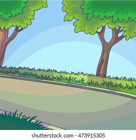 Paisaje con árboles y carreteras. Fondo del bosque de caricaturas. Ilustración vectorial.