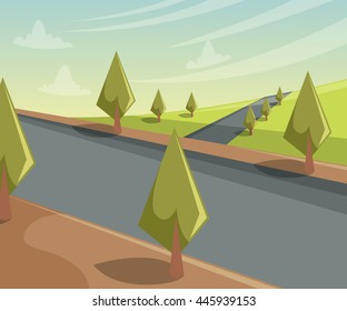 Landscape with trees and road. Summer landscape scene with cloudy sky. Vector Illustration