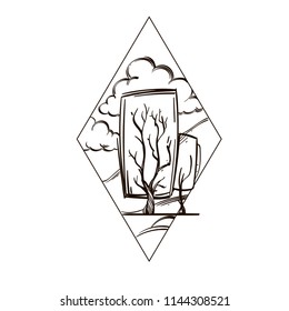 Landscape with trees in the shape of diamond. Outline vector illustration isolated on white background for posters, stickers and much more.