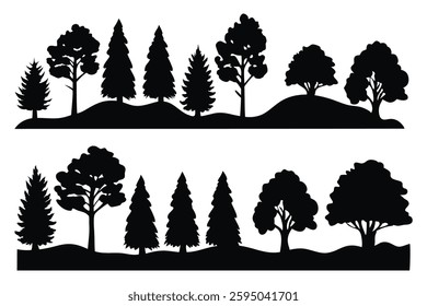 
landscape with trees silhouettes set isolated flat vector illustration on white background.