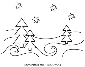 Landscape With Trees And Snow - vector linear doodle. Simple stylized Winter landscape for coloring. Outline.