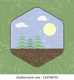 Landscape (trees and sun) in light colors on grunge background