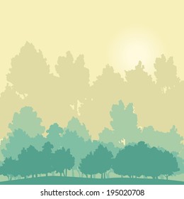 landscape with trees and sun, silhouette vector illustration