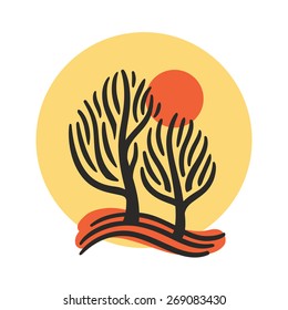  Landscape with trees and sun. Vector icon.
