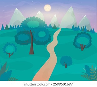 landscape with trees at sunset against the backdrop of mountains, vector