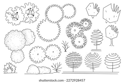 Landscape trees in terms of graphics hand drawn architectural design of the site decoration shrubs sketchy set large on a white background black and white doodle sketch