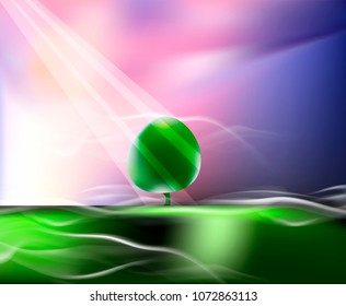 Landscape with trees under the sunlight hand drawn with. Misty meadow. Sun rays illuminate the tree on a green meadow.