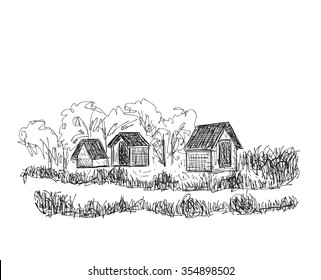 Landscape with Trees and village House. Hand drawn sketch.