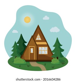 Landscape of triangle tiny house for comfort camping in forest. Eco friendly rest concept. Vector flat illustration
