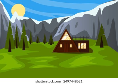 Landscape of Triangular tiny house for comfortable camping in forest with mountains in background. Eco-friendly holiday concept. Vector flat illustration