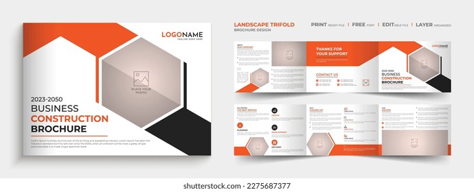 Landscape trifold construction company brochure design template layout