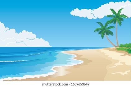 Landscape of a tropical beach at daylight with white sand and coconut trees vector illustration