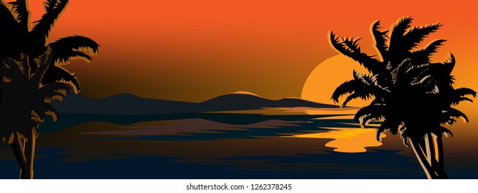 Landscape tropical with beautiful sunset in evening, Vector illustration, Panorama sea beach sunset with coconut trees and orange sky, Silhouette of palm trees against a sunset in ocean