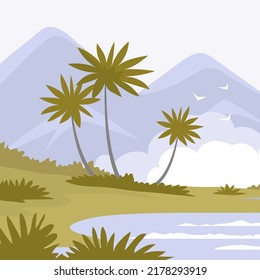 Landscape with tropical forest and palm trees. Mountain, lake and shore. Green rainforest. Cartoon vector illustration. Wildlife background