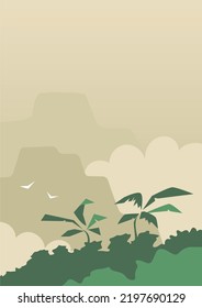 Landschaft mit tropischem Wald und Palmen. Grüner Regenwald und Berg. Cartoon, Vektorgrafik-Poster. Naturhintergrund