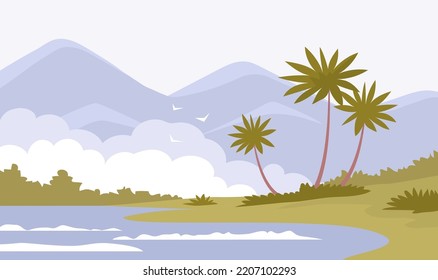 Paisaje con bosque tropical y palmeras. Montaña, lago y costa. Selva tropical verde. Ilustración vectorial de dibujos animados. Fondo de vida silvestre