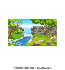 Landscape Tropical Forest View With Waterfall, River, Rock Hill, Flower, And Trees Cartoon