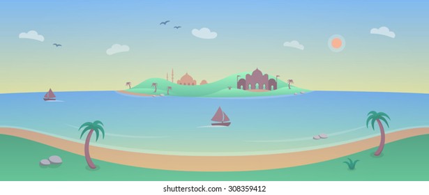 Landscape with Tropical Island Paradise - a beautiful vector illustration with a tropical island, palm trees, beach and boats sailing on the calm ocean. 