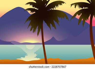 Landscape of tropical island with sea palm trees and mountains Design for banner and social media . Travel concept.