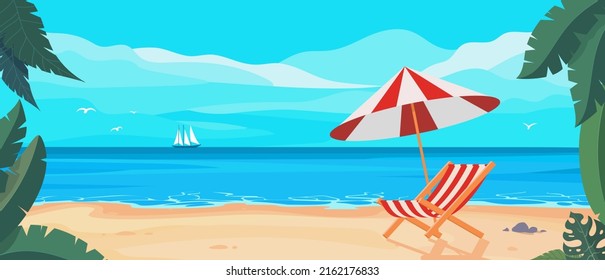 The landscape of a tropical sandy beach with a beach chaise longue and a beach umbrella.