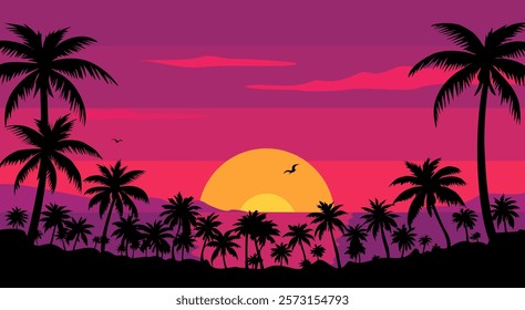 Landscape tropical scene with palm trees and sunset in the background. The sky is a mix of pink and purple, creating a warm and relaxing atmosphere