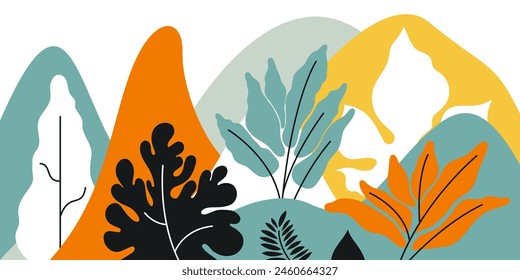 Landscape with tropical trees in the mountains. Conservation of the environment, earth day, ecology. Vector illustration.