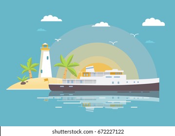 Landscape tropical with the yacht ship island sandy coast beach and palm trees lighthouse of the sun in flat style a vector.ocean cruise vessel.Sunrise at the  seaside resort.Summer Holidays poster.